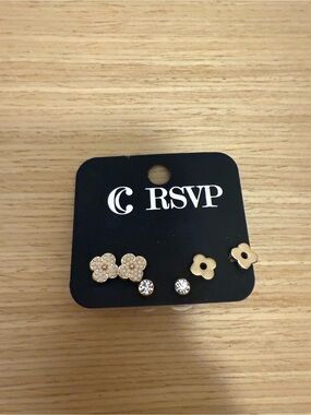 RSVP Gold Tone Floral and Clear Crystal Stud Earring Set